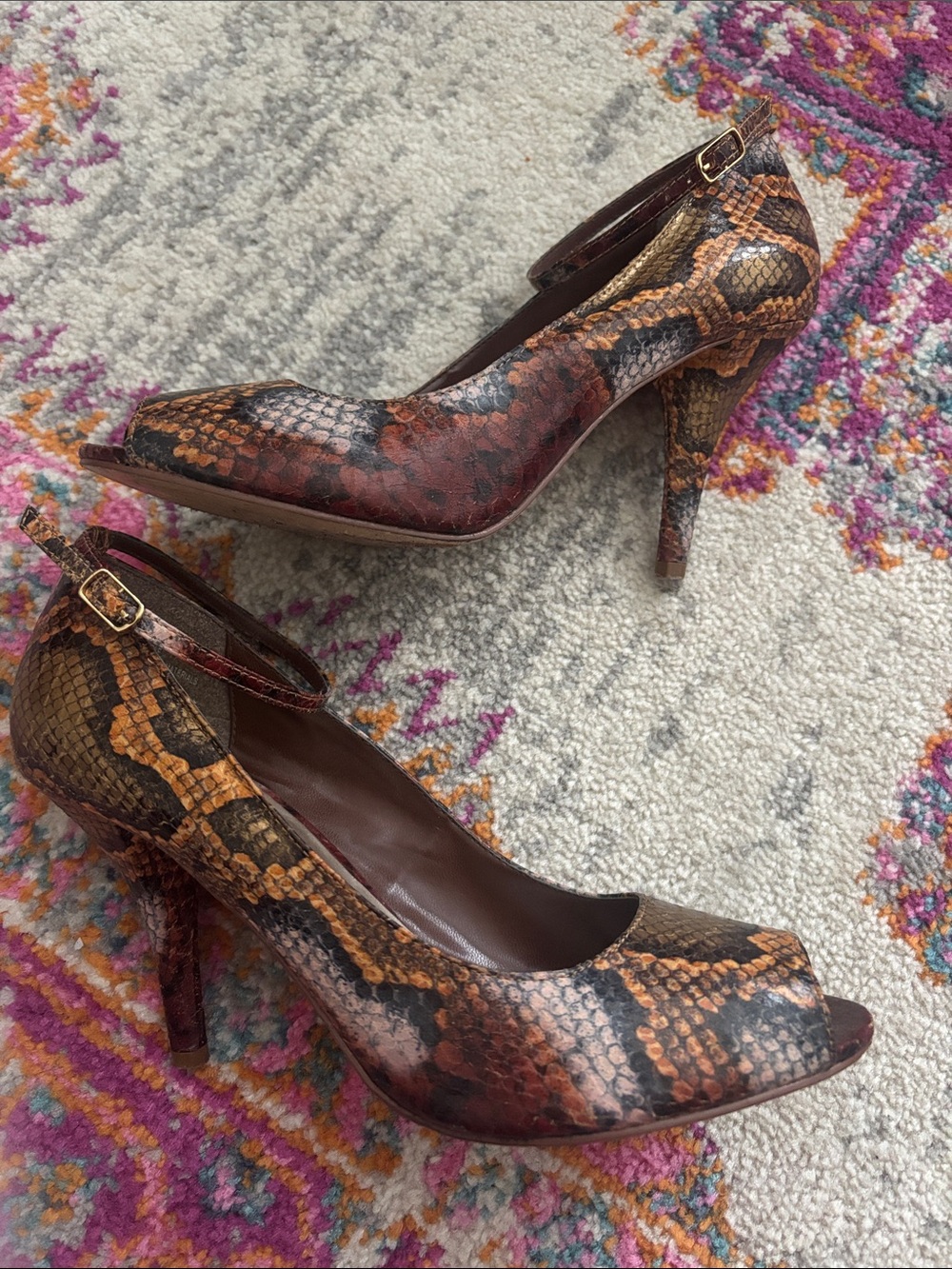 Snake Print Ankle Strap Heels in Brown & Black